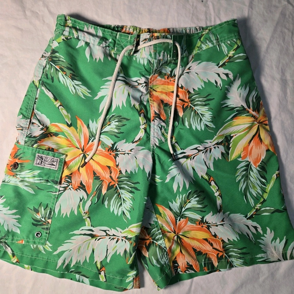 Polo Ralph Lauren Swim Suit Trunks‎ Mens Small Green Hawaiian Floral Mesh Lined